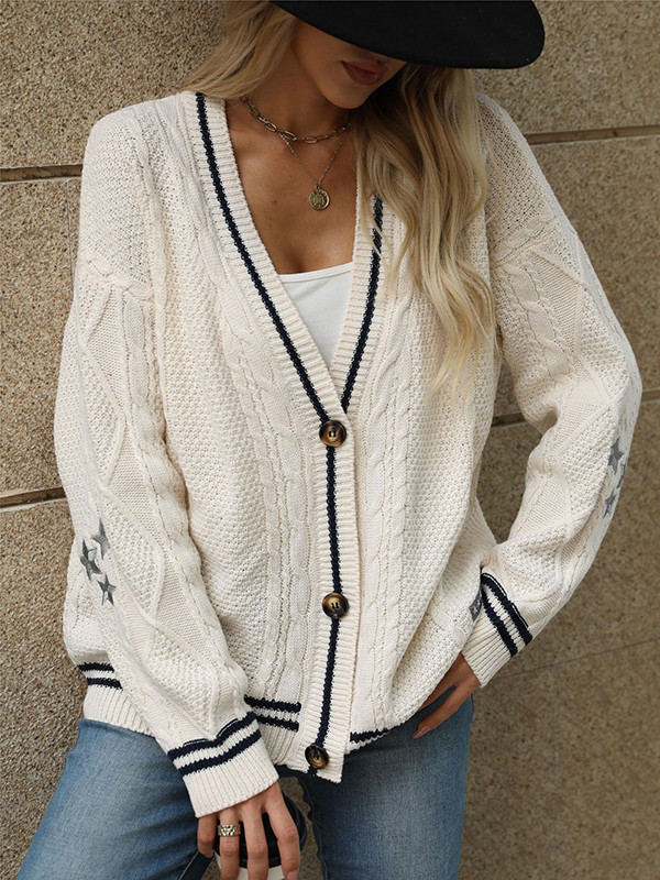 Long Sleeves Loose Buttoned Contrast Color Embroidered Split-Joint Collarless Cardigan Tops