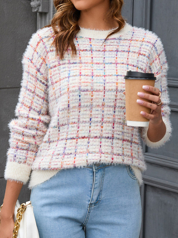 Long Sleeves Loose Plaid Split-Joint Round-Neck Pullovers Sweater Tops