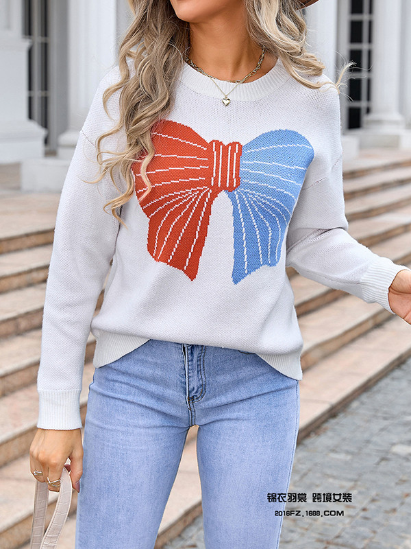 Long Sleeves Loose Bow-Embellished Jacquard Split-Joint Round-Neck Pullovers Sweater Tops