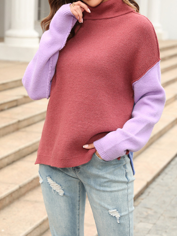 Long Sleeves Loose Contrast Color Split-Joint High Neck Sweater Tops