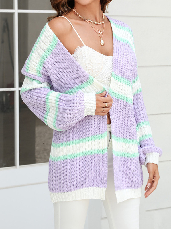 Long Sleeves Loose Contrast Color Split-Joint Striped Collarless Cardigan Tops