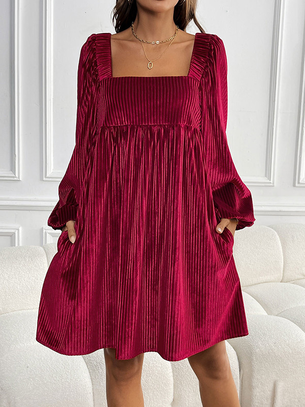 A-Line High Waisted Pockets Solid Color Split-Joint Velvet Square-Neck Mini Dresses