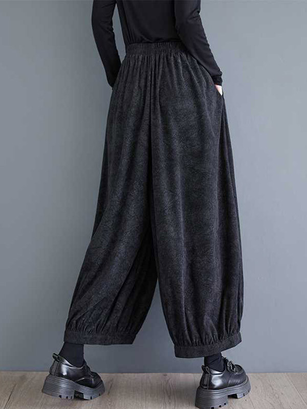Bloomers Loose Elasticity Pleated Pockets Solid Color Culotte Pants