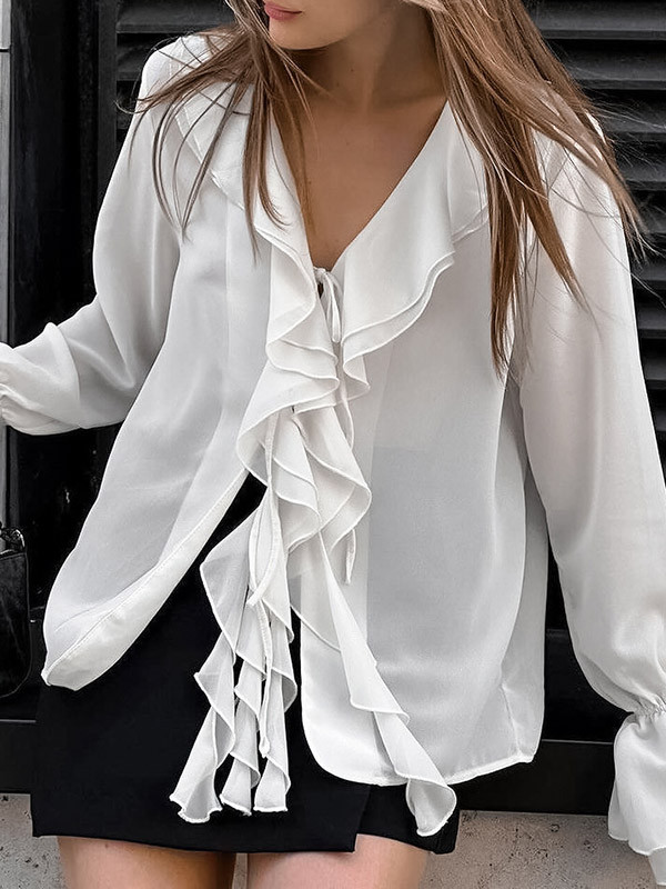 Flared Sleeves Loose See-Through Solid Color Split-Joint Lapel Blouses&Shirts Tops