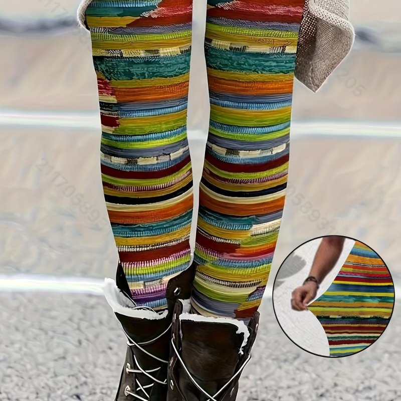 Stretchy High-Waisted Striped Leggings - Soft, Comfortable, Casual, Skinny Fit, Four-Way Stretch, Daily Wear, Women's Fashion Clothing for Everyday Activities