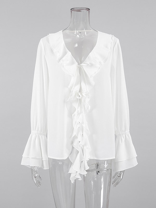 Flared Sleeves Loose See-Through Solid Color Split-Joint Lapel Blouses&Shirts Tops