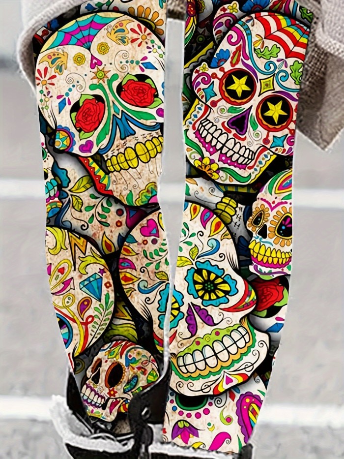 Vibrant Skull Print Skinny Leggings - Women's Clothing, Stretchy Tight Fit, Day of the Dead Themed, Comfortable, High-Waisted, Fashionable, and Unique Leggings for Women
