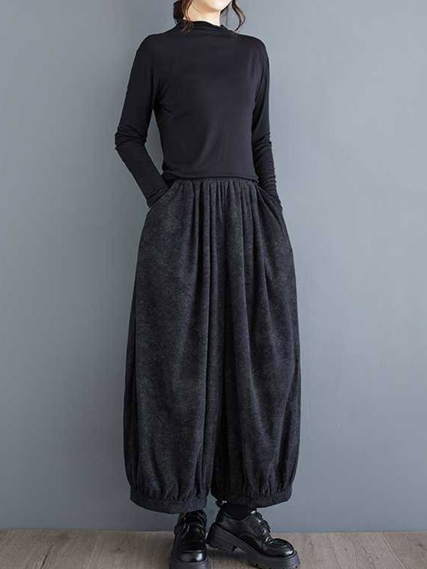 Bloomers Loose Elasticity Pleated Pockets Solid Color Culotte Pants