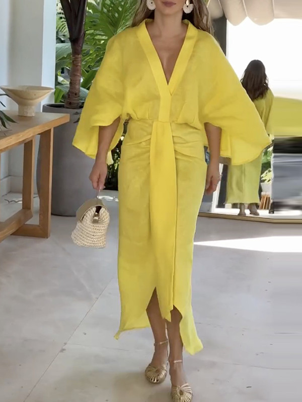 High-low Loose Solid Color V-neck Maxi Dresses