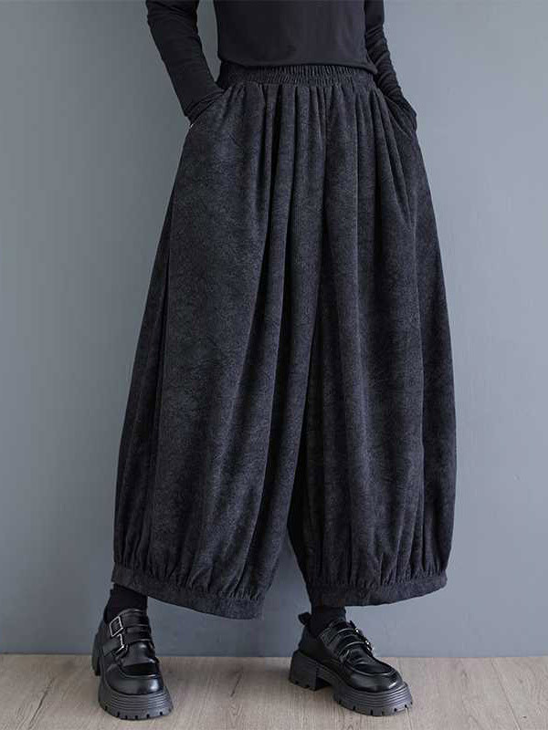 Bloomers Loose Elasticity Pleated Pockets Solid Color Culotte Pants