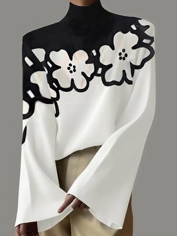 Flared Sleeves Loose Flower Print High Neck T-Shirts Tops
