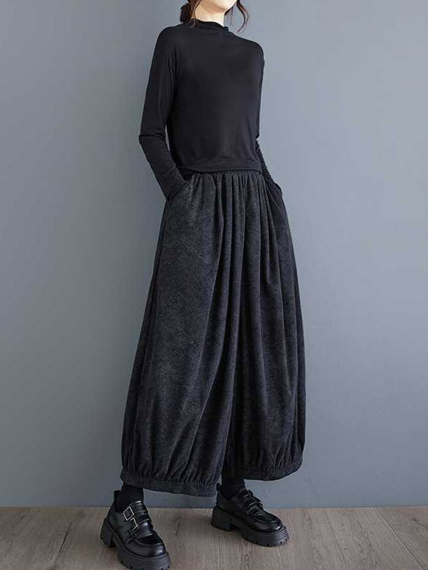 Bloomers Loose Elasticity Pleated Pockets Solid Color Culotte Pants
