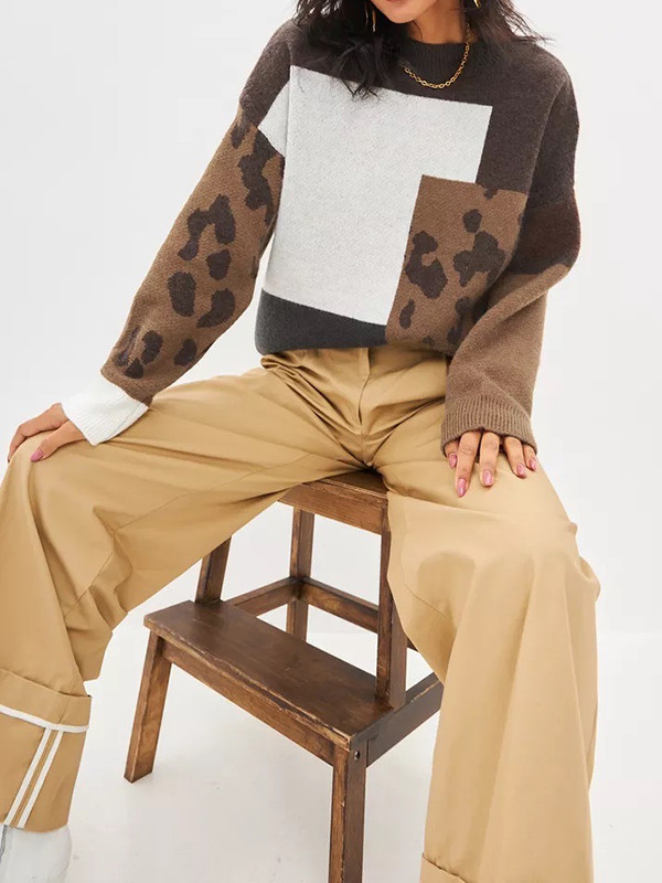 Long Sleeves Loose Contrast Color Leopard Split-Joint Round-Neck Pullovers Sweater Tops