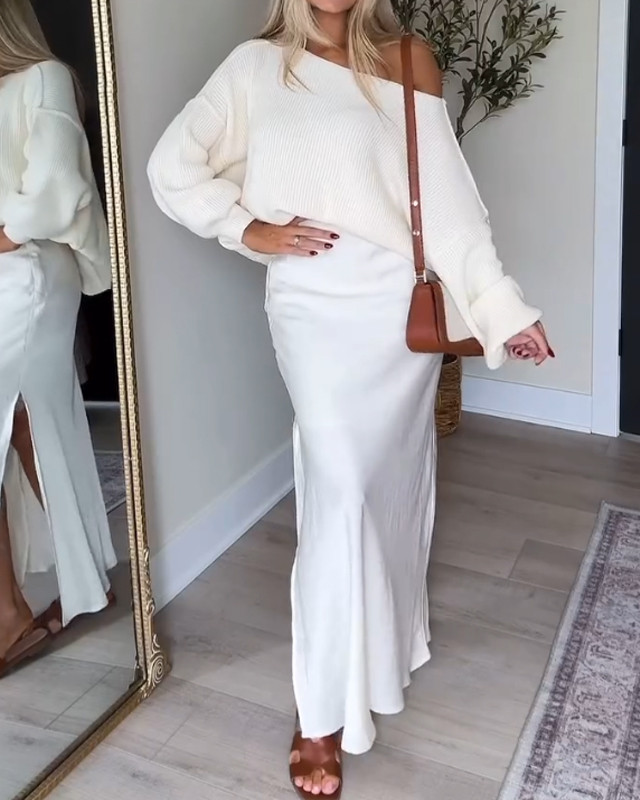 Fashionable Open-Shoulder Sweater & Split Skirt Two-Piece Set