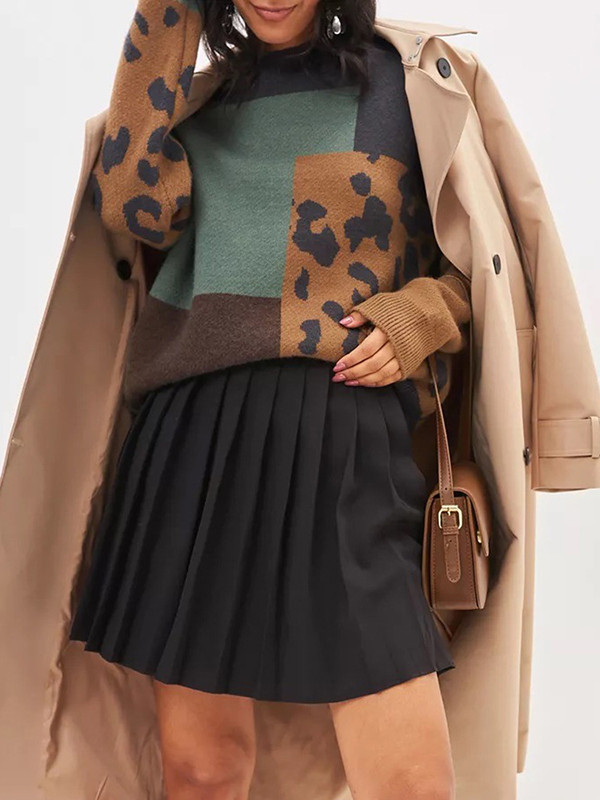 Long Sleeves Loose Contrast Color Leopard Split-Joint Round-Neck Pullovers Sweater Tops