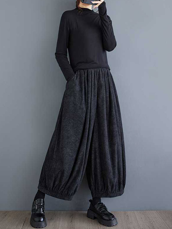 Bloomers Loose Elasticity Pleated Pockets Solid Color Culotte Pants