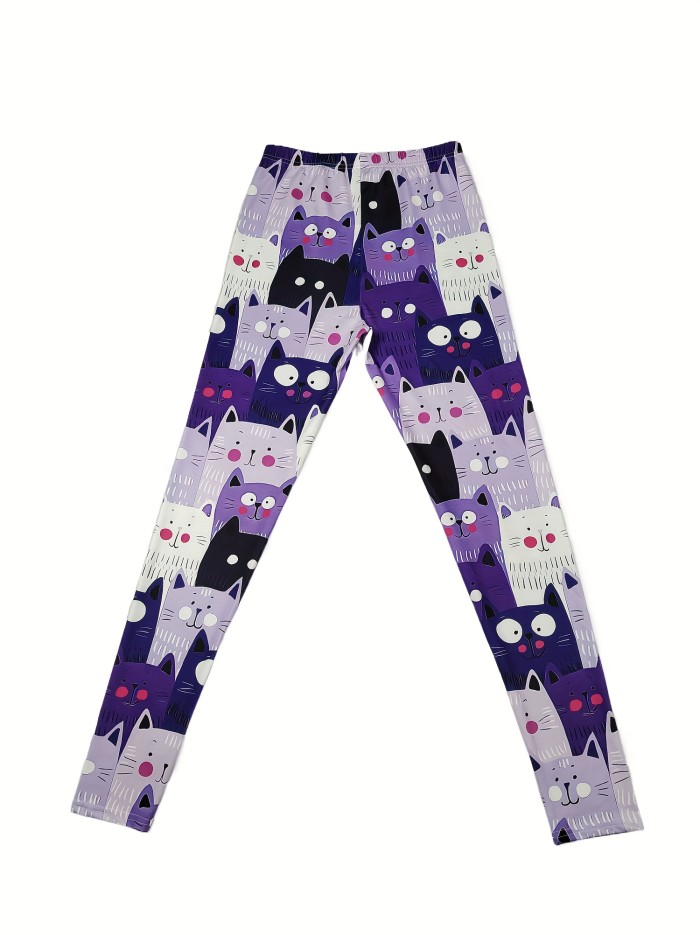 Adorable Cat Print Skinny Leggings - Comfortable Elastic Waist, Super Stretchy Fit - Trendy Casual Style for Women