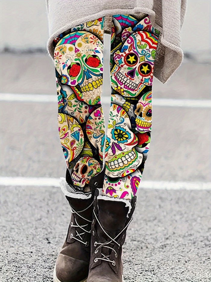 Vibrant Skull Print Skinny Leggings - Women's Clothing, Stretchy Tight Fit, Day of the Dead Themed, Comfortable, High-Waisted, Fashionable, and Unique Leggings for Women
