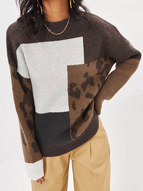 Long Sleeves Loose Contrast Color Leopard Split-Joint Round-Neck Pullovers Sweater Tops