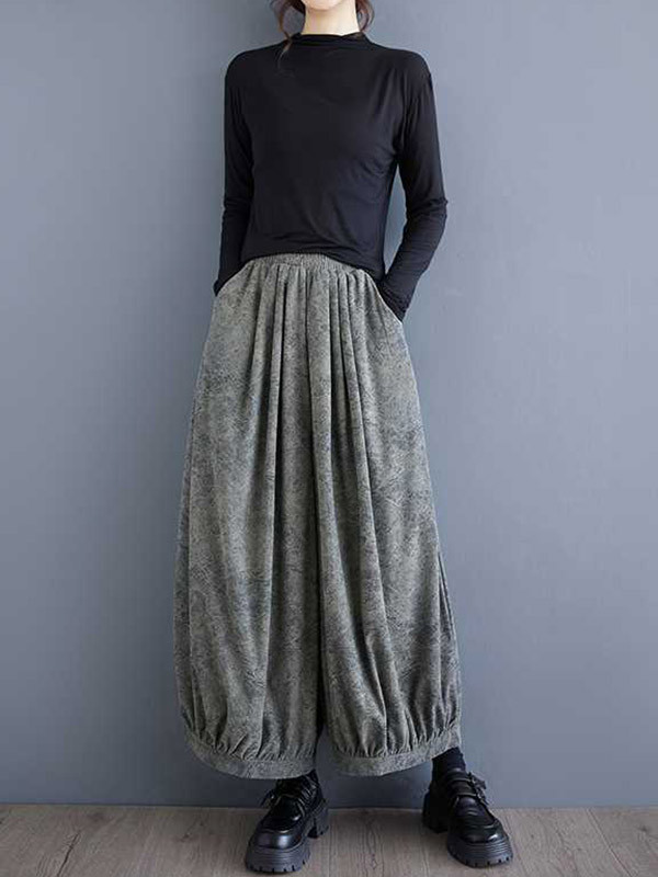 Bloomers Loose Elasticity Pleated Pockets Solid Color Culotte Pants