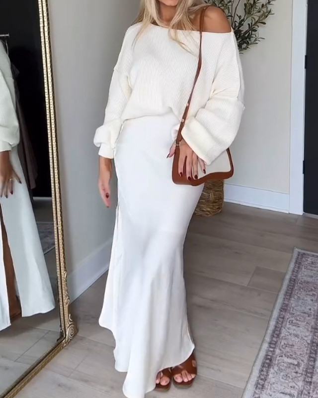 Fashionable Open-Shoulder Sweater & Split Skirt Two-Piece Set