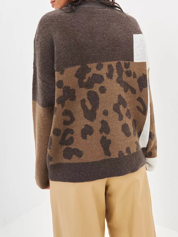 Long Sleeves Loose Contrast Color Leopard Split-Joint Round-Neck Pullovers Sweater Tops