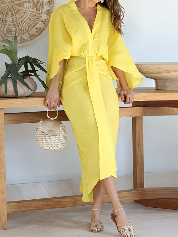 High-low Loose Solid Color V-neck Maxi Dresses