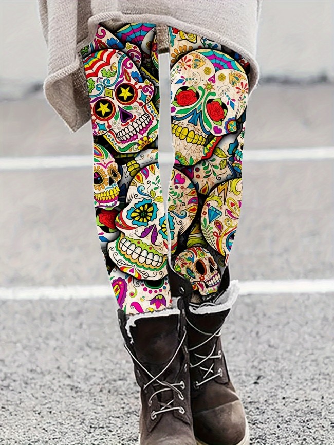 Vibrant Skull Print Skinny Leggings - Women's Clothing, Stretchy Tight Fit, Day of the Dead Themed, Comfortable, High-Waisted, Fashionable, and Unique Leggings for Women