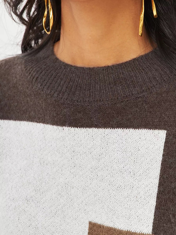 Long Sleeves Loose Contrast Color Leopard Split-Joint Round-Neck Pullovers Sweater Tops