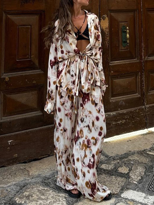 Fashion Polka Dot Print Long Sleeve & Straight-Leg Pants Two-Piece Set