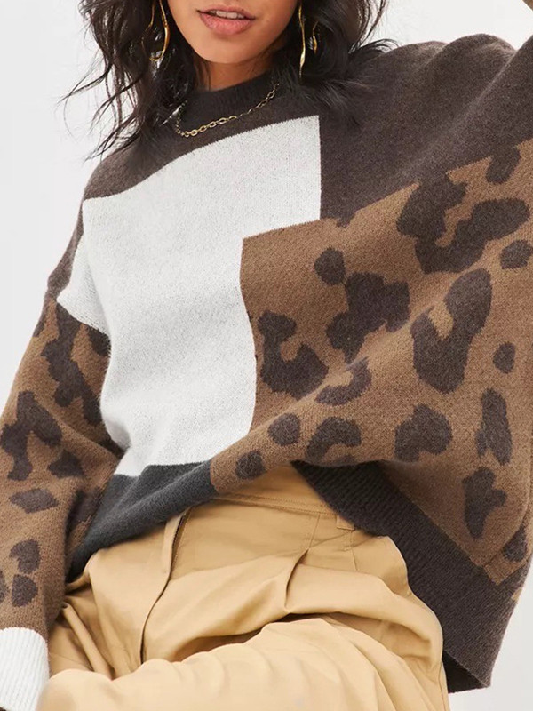 Long Sleeves Loose Contrast Color Leopard Split-Joint Round-Neck Pullovers Sweater Tops