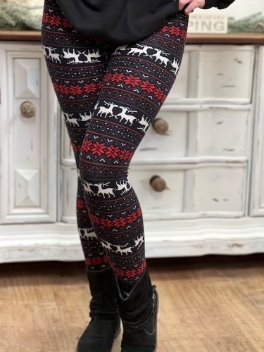Vibrant Christmas Print Skinny Leggings - Women's Stretchy Elastic Waist Leggings for Casual Wear - Comfortable, Soft, and Breathable Leggings for Holiday Season