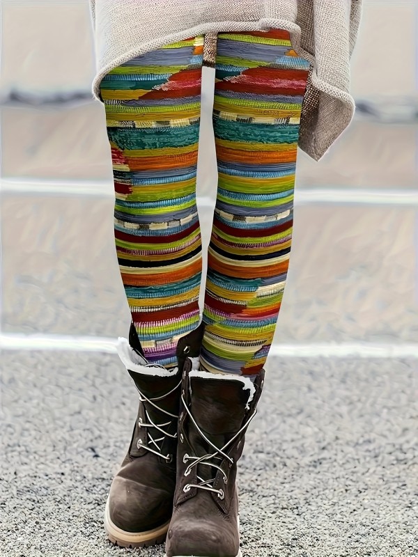 Stretchy High-Waisted Striped Leggings - Soft, Comfortable, Casual, Skinny Fit, Four-Way Stretch, Daily Wear, Women's Fashion Clothing for Everyday Activities