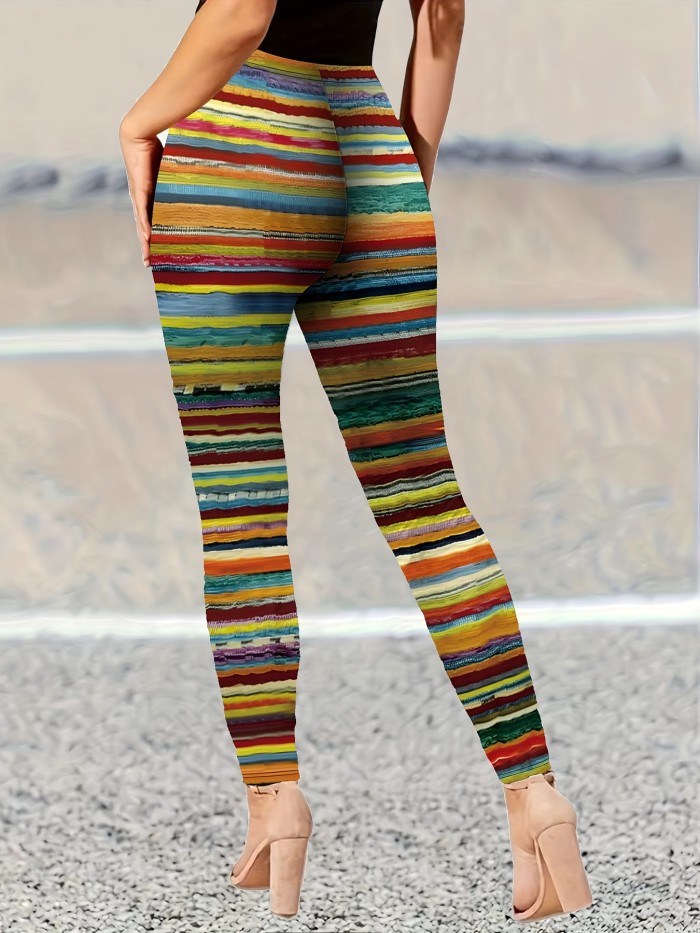 Stretchy High-Waisted Striped Leggings - Soft, Comfortable, Casual, Skinny Fit, Four-Way Stretch, Daily Wear, Women's Fashion Clothing for Everyday Activities