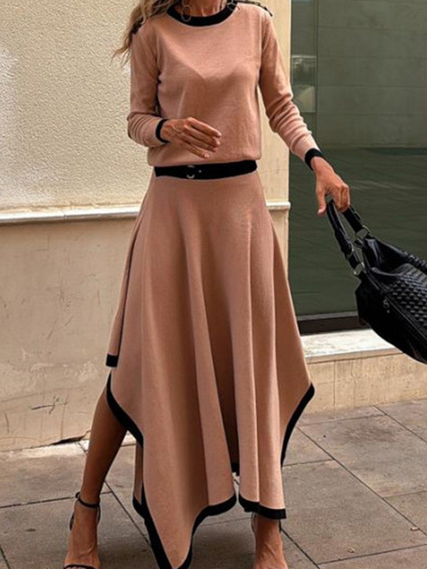 Fashion Irregular Solid Color Long Sleeve & Skirt Two-Piece Set