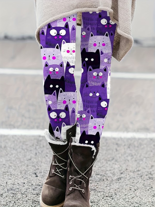 Adorable Cat Print Skinny Leggings - Comfortable Elastic Waist, Super Stretchy Fit - Trendy Casual Style for Women