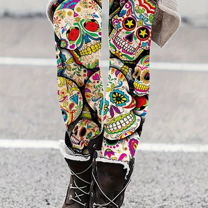 Vibrant Skull Print Skinny Leggings - Women's Clothing, Stretchy Tight Fit, Day of the Dead Themed, Comfortable, High-Waisted, Fashionable, and Unique Leggings for Women