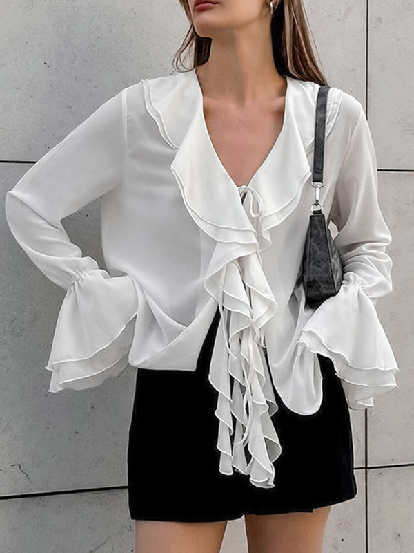 Flared Sleeves Loose See-Through Solid Color Split-Joint Lapel Blouses&Shirts Tops