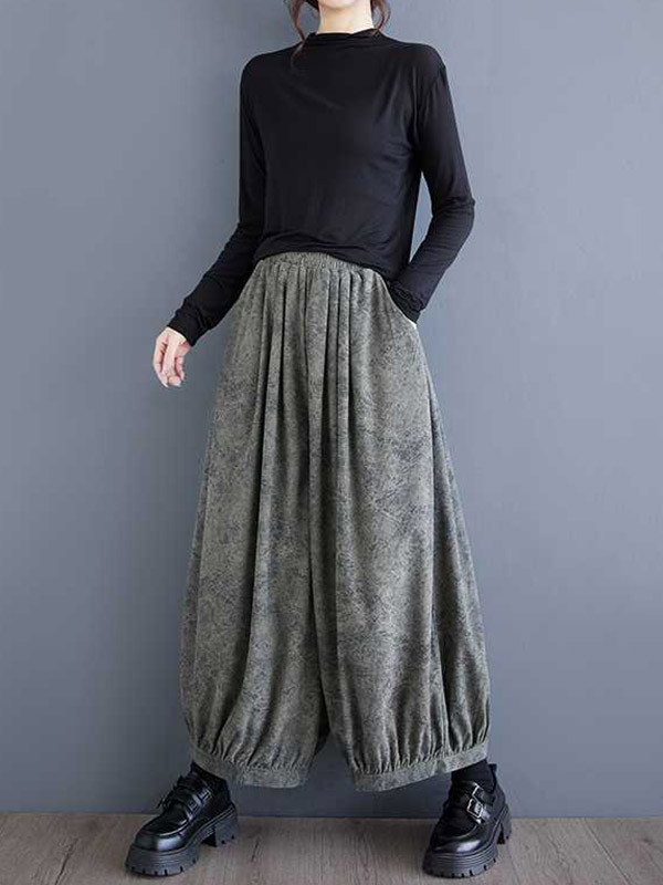 Bloomers Loose Elasticity Pleated Pockets Solid Color Culotte Pants