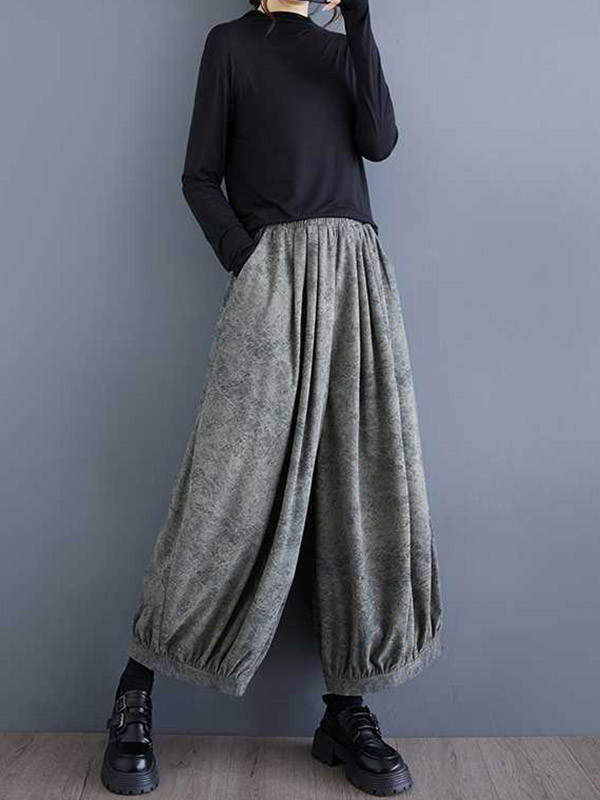 Bloomers Loose Elasticity Pleated Pockets Solid Color Culotte Pants
