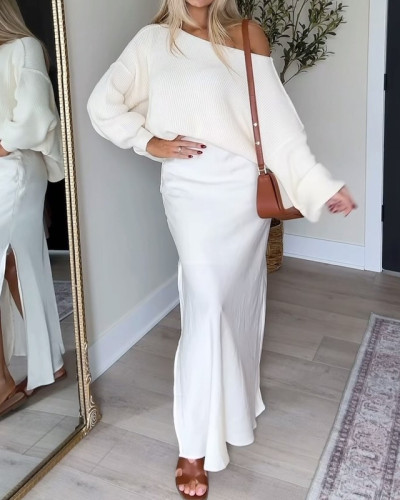 Fashionable Open-Shoulder Sweater & Split Skirt Two-Piece Set