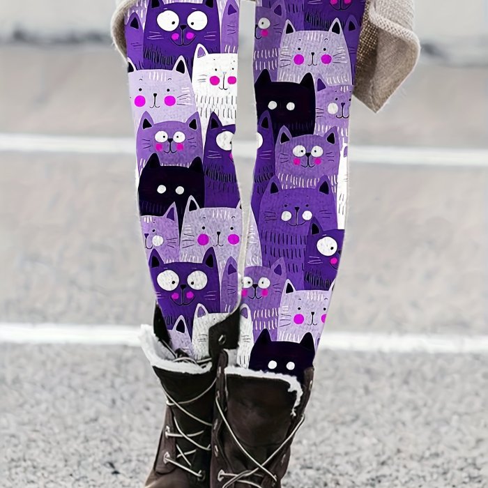 Adorable Cat Print Skinny Leggings - Comfortable Elastic Waist, Super Stretchy Fit - Trendy Casual Style for Women