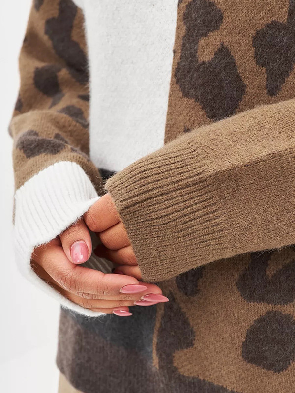 Long Sleeves Loose Contrast Color Leopard Split-Joint Round-Neck Pullovers Sweater Tops
