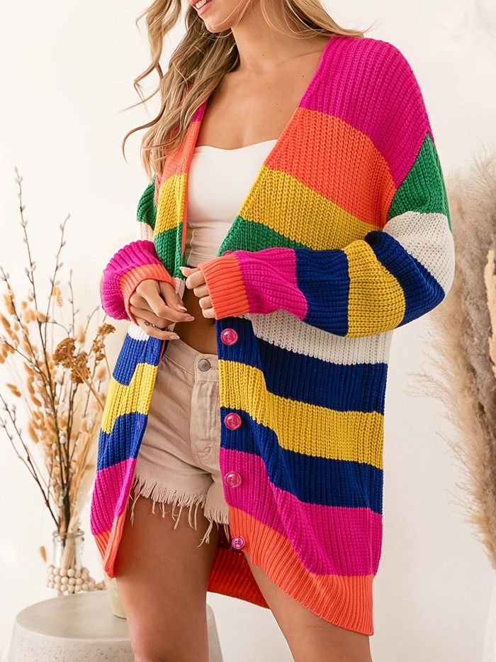 Rainbow Stripe Knit Cardigan - Fashionable & Comfy Button Down Sweater - Soft, Breathable Long Sleeve for Womens Casual Wear