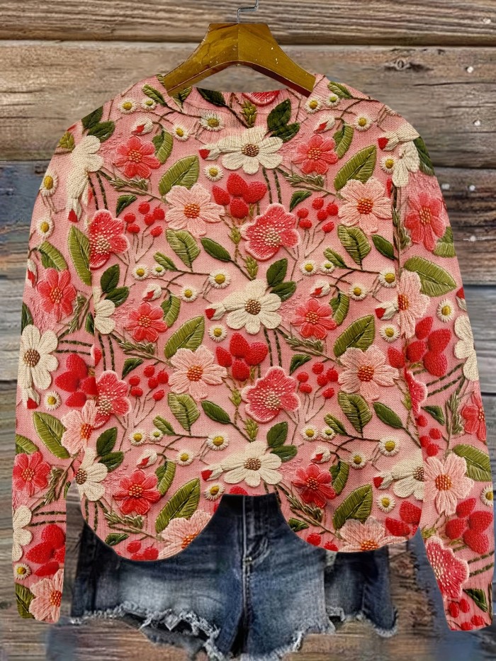 Stylish Long Sleeve Floral Print Crew Neck Pullover Sweater - Soft Slight Stretch Polyester Fabric, Regular Fit, Hand Washable, Perfect for Spring & Fall - Womens Casual Clothing