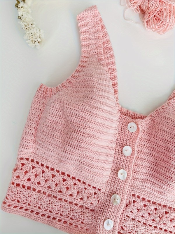 Vibrant Eyelet Embroidered Crop Sweater Vest for Women - Casual V-Neck Fall and Winter Clothing - Soft, Lightweight, and Cozy Knitwear for Everyday Wear