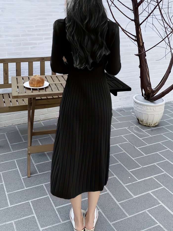 Cozy Womens Button Front V-neck Sweater Dress - Soft Knit, Long Sleeve, Solid Color - Effortless Casual Style for Winter Days