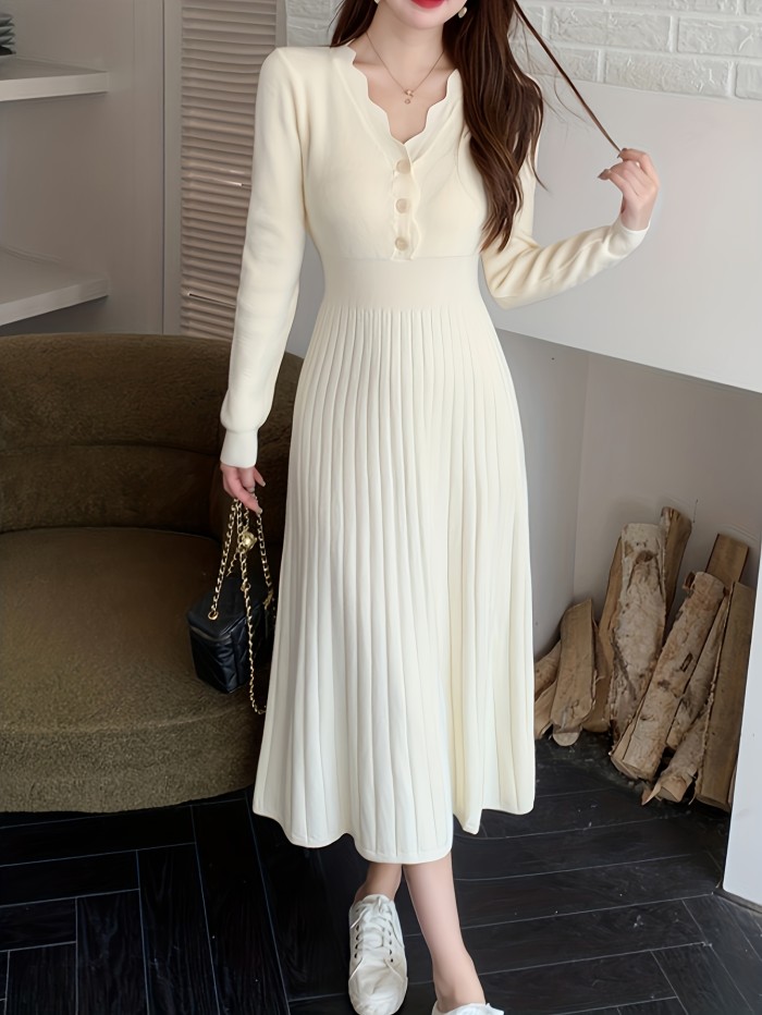 Cozy Womens Button Front V-neck Sweater Dress - Soft Knit, Long Sleeve, Solid Color - Effortless Casual Style for Winter Days