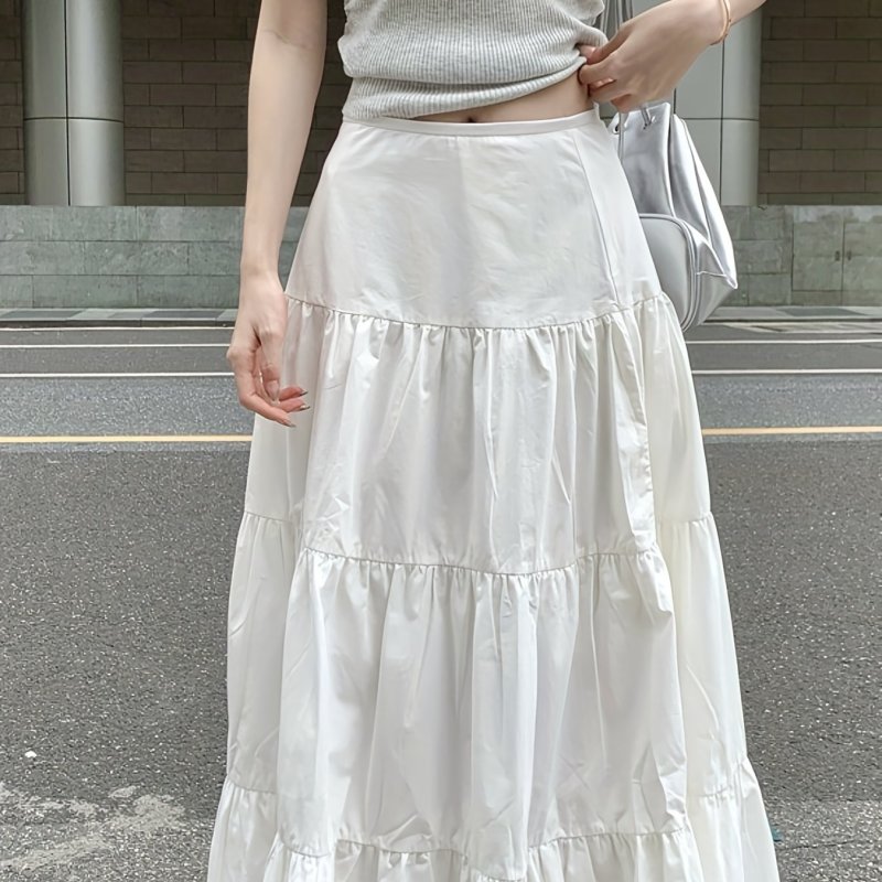 Women Long Skirt, Elegant Pleated Solid A-line Skirt Flowy Summer Swing Skirt for Casual Daily