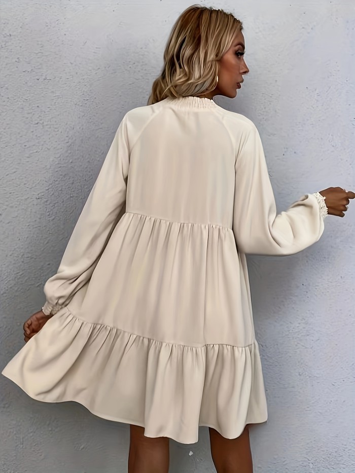 Elegant Solid Color V-Neck Dress with Tie Detail - Polyester, Machine Washable - Perfect for All Seasons